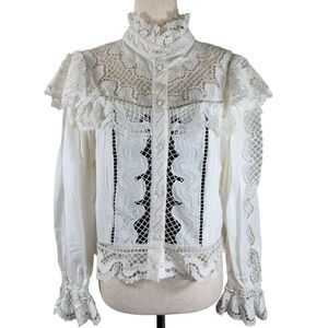 Alice + Olivia Lace Victorian Blouse Top White Long Sleeve Size M